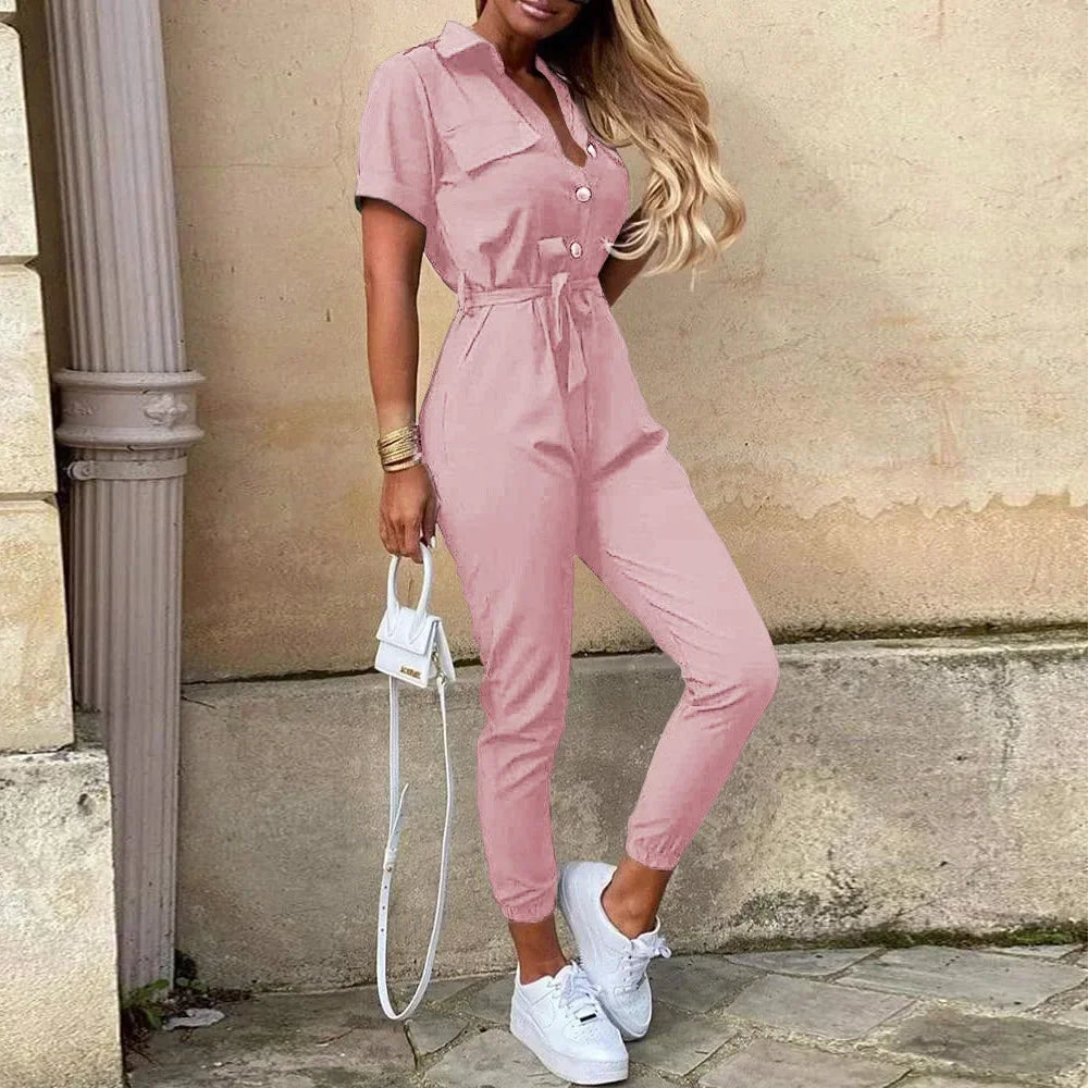 Casual Chic Overalls for Women Lapel Lace-Up Print Belted Work Jumpsuit One-Piece Bodysuit Elegant Long Sleeve Jumpsuit with Stylish Fit