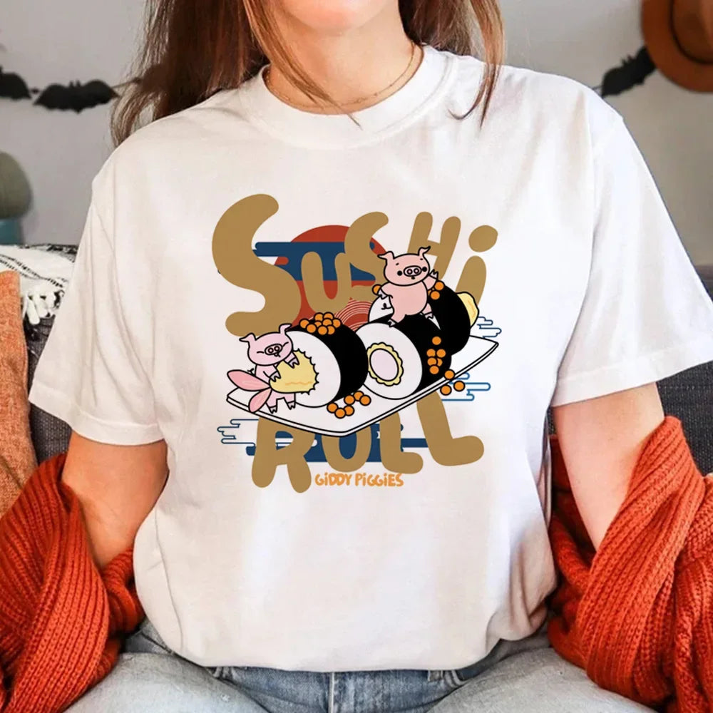 Sushi T-Shirt for Women Summer Manga Graphic Tees Casual Wear