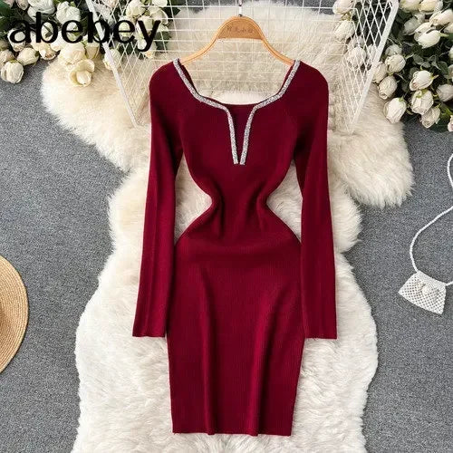 Knit Bodycon Dress For Women Long Sleeve Winter Sweater