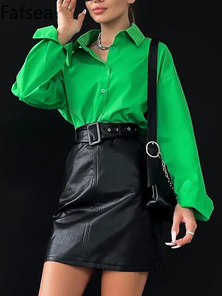 Women's Oversized Cotton Shirt in Candy Colors Long Sleeve Solid Green Blouse Casual Comfortable Stylish Top