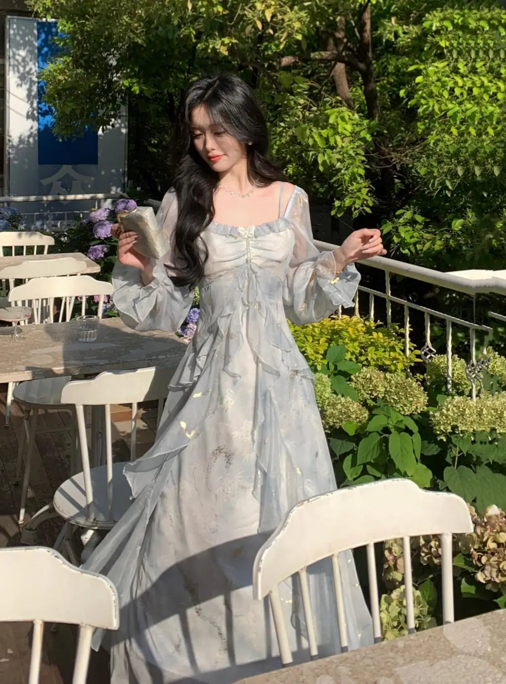 Off Shoulder Dress Ruffle A Line Long French Print