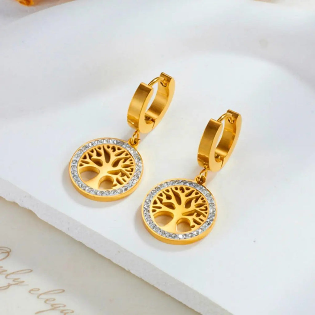 Trendy Titanium Stainless Steel Bohemia Hoop Earrings with CZ Crystal Tree Design for Women and Girls