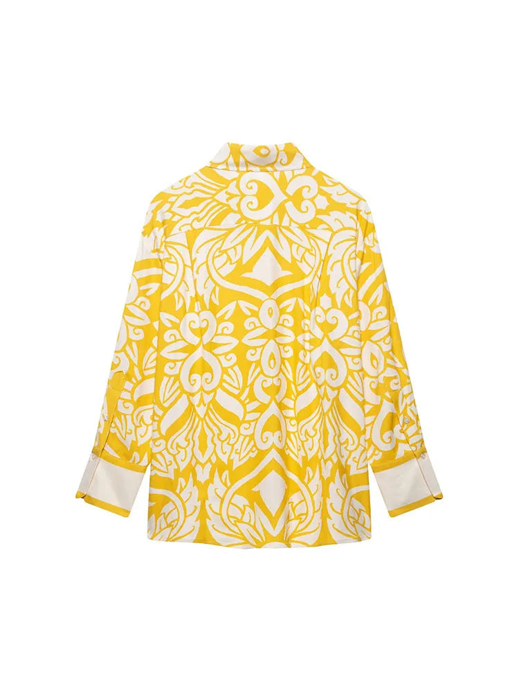 Women Summer Vintage Print Two-Piece Set with Loose Shirt and Trousers for Elegant Street Style