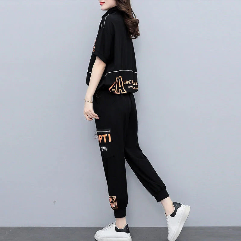 Women's Summer Korean Style Sports Suit Loose Short Sleeve Top and Pencil Pants Two Piece Set