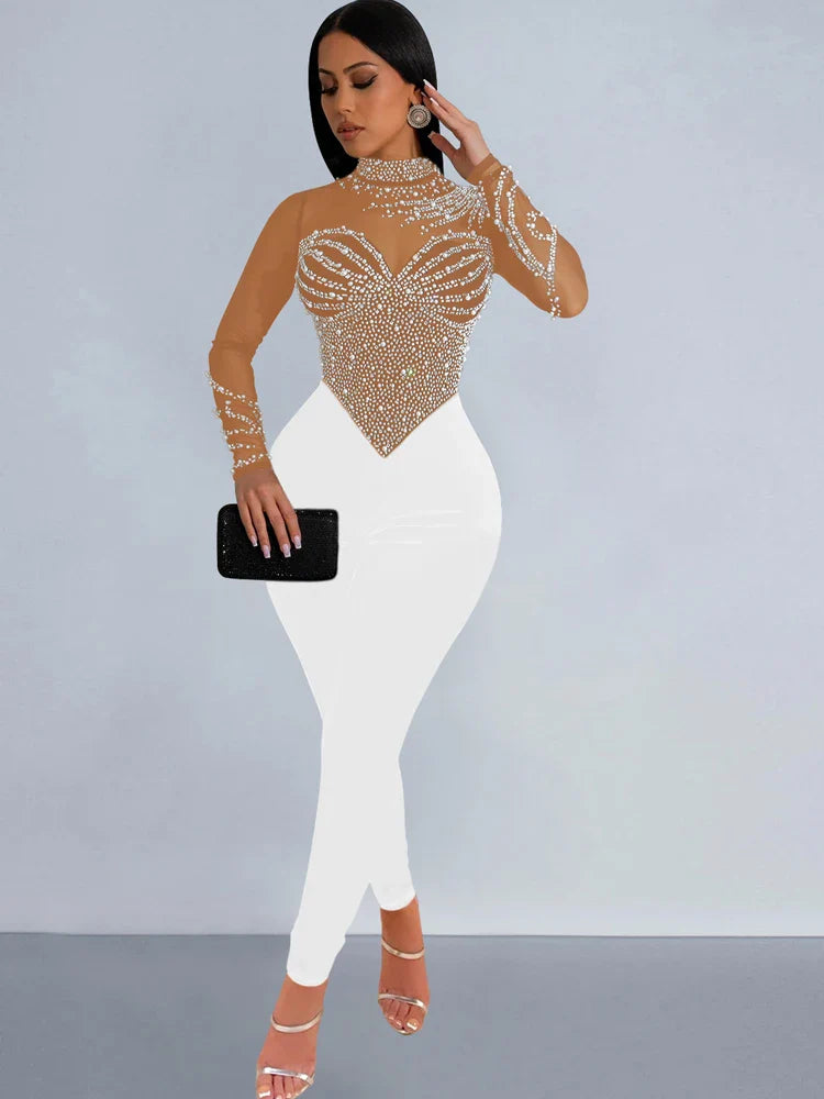 Women's Sheer Mesh Crystal Jumpsuit with Pearls and Rhinestones Long Sleeve Fitted Glam Romper Clubwear One-Piece Outfit