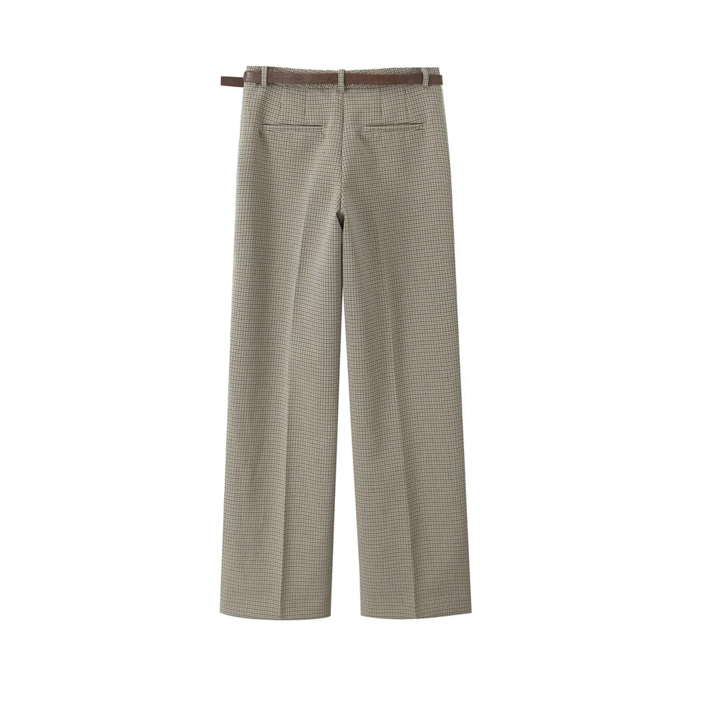 Women's Fashion Button-Up Check Waistcoat With High Waist Belted Straight Pants Two Piece Set