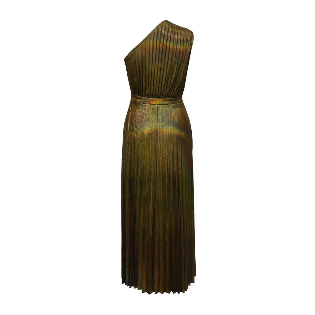 One Shoulder Metallic Pleated Maxi Dress Evening Gown