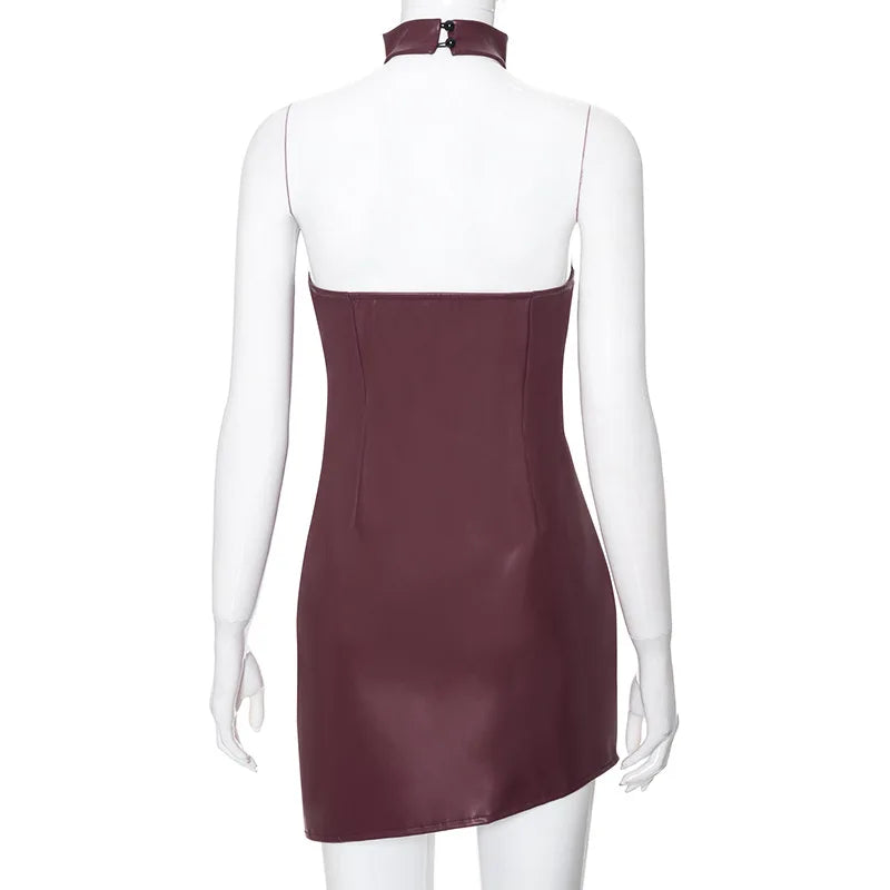 Women's PU Leather Halter Neck Back Dress Slim Fit Spring