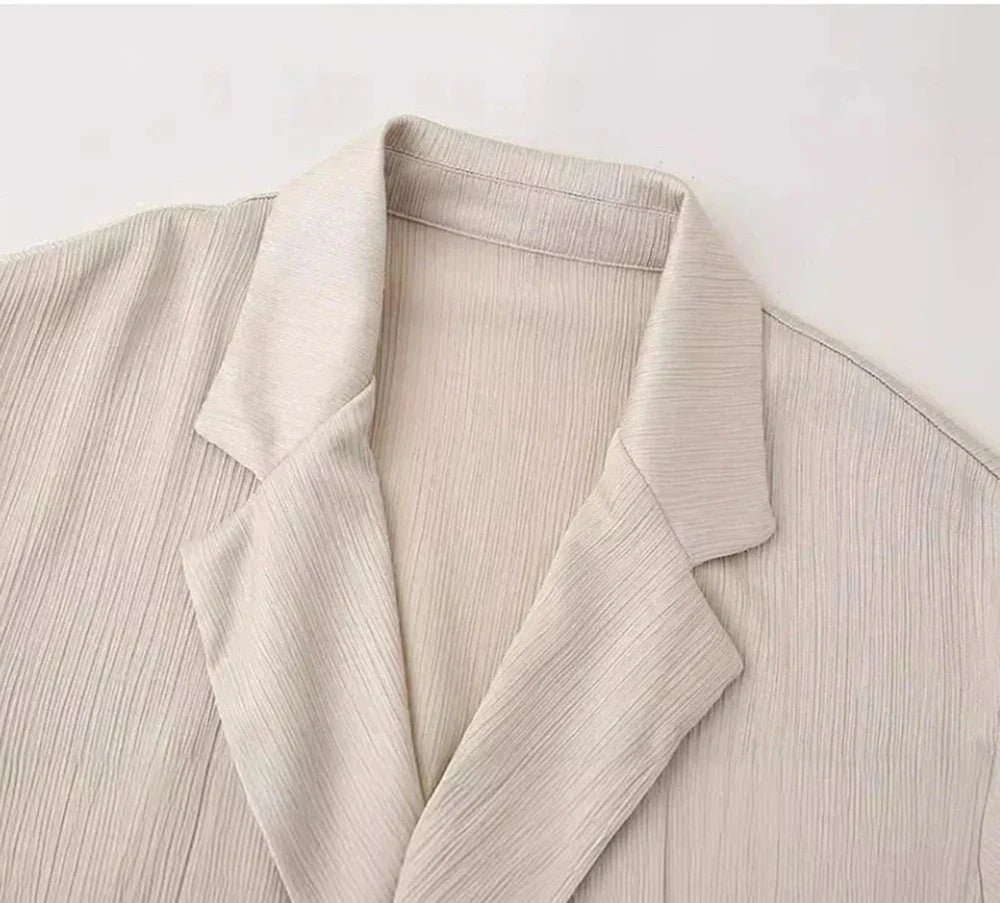 Women's Satin Blazer and High Waisted Straight Leg Pant Set with Crease Texture