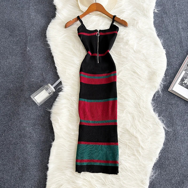 Black Zipper Knit Bodycon Dress Sleeveless Midi Party Dress