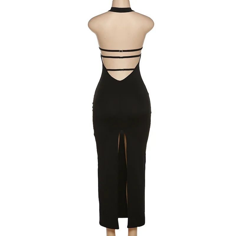 Sexy Open Back Tie Waist Maxi Dress With Split Wrapped Hip