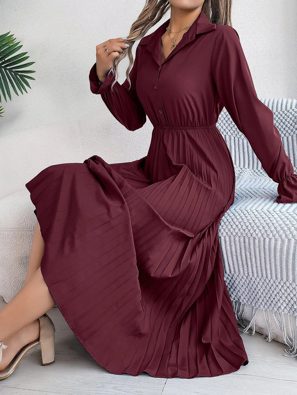 Solid Color Polo Neck Pleated Long Sleeve Dress For Women