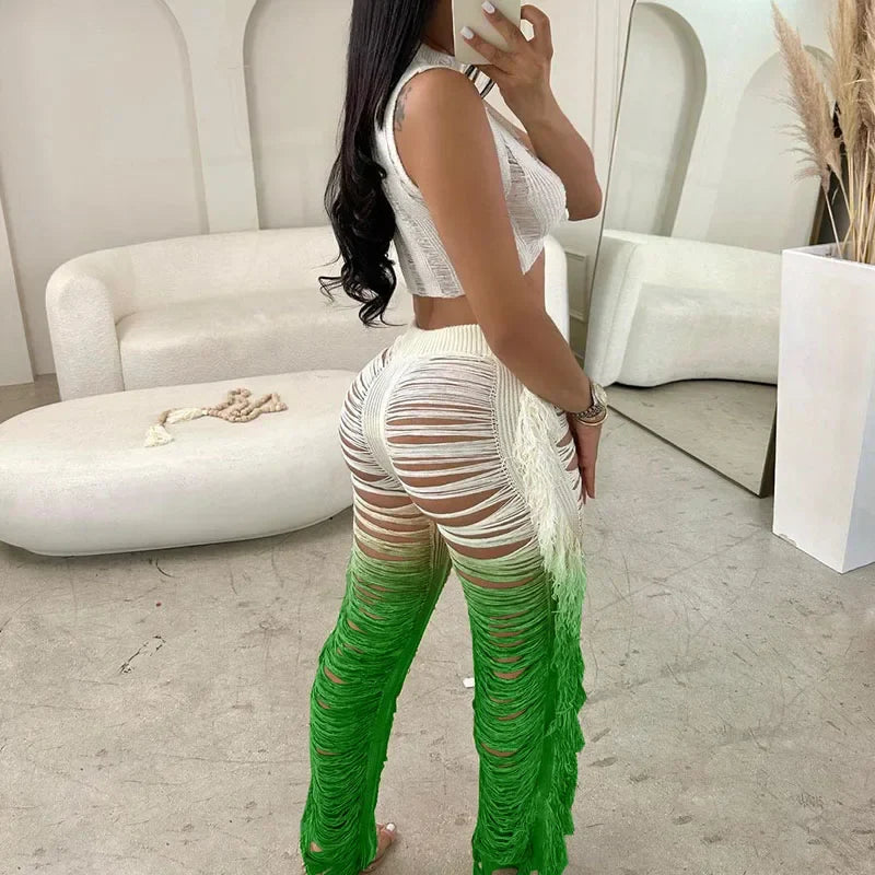 Gradient Color Crochet Two Piece Set for Women Summer Beach Vacation Outfit with Crop Top and Wide Leg Pants