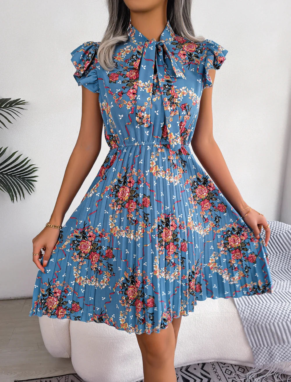Womens Floral Print Bow Dress With Slim Pleated Waist