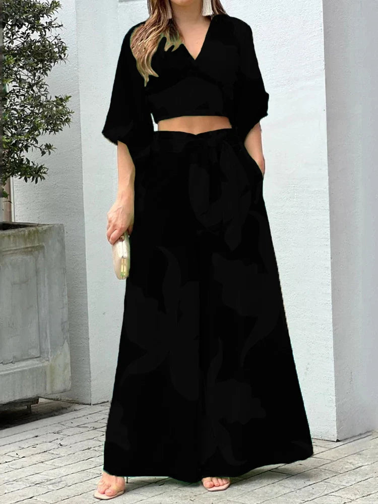 Casual Women's Two Piece Set Autumn V Neck Crop Top and High Waist Wide Leg Pants Outfit