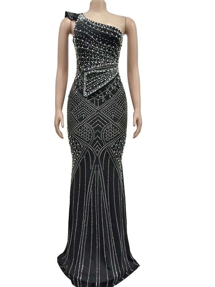 One Shoulder Maxi Dress Crystal Rhinestones And Pearls