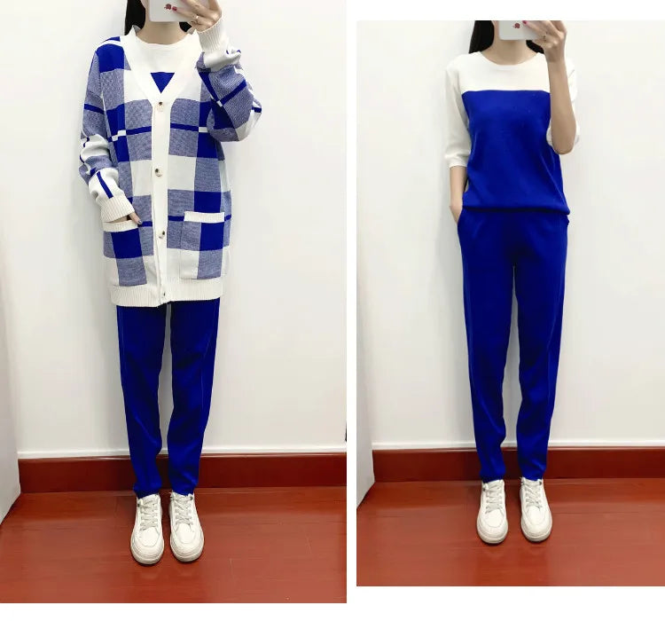 Autumn Winter Women's Plaid Knit Tracksuit Set with Cardigan Sweater Coat, Short Sleeved Top, and Solid Harem Pants