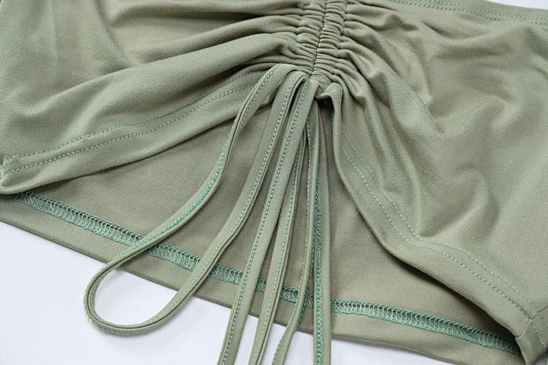 Women's Two-Piece Long Sleeve Drawstring Crop Top and Mini Skirt Bodycon Matching Set Sexy Clubwear