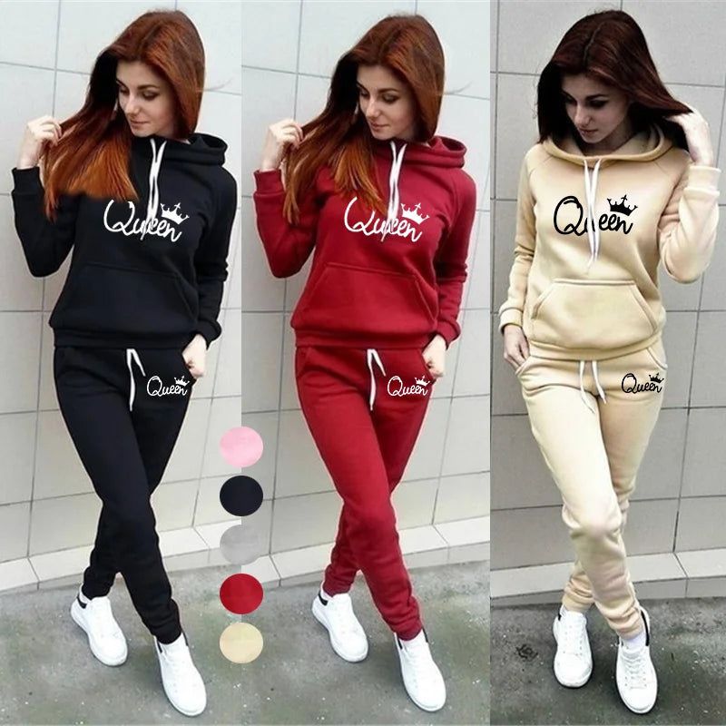 Queen Printed Hoodie and Jogging Pants Set for Women Stylish Pullover and Bottoms 2 Piece Outfit