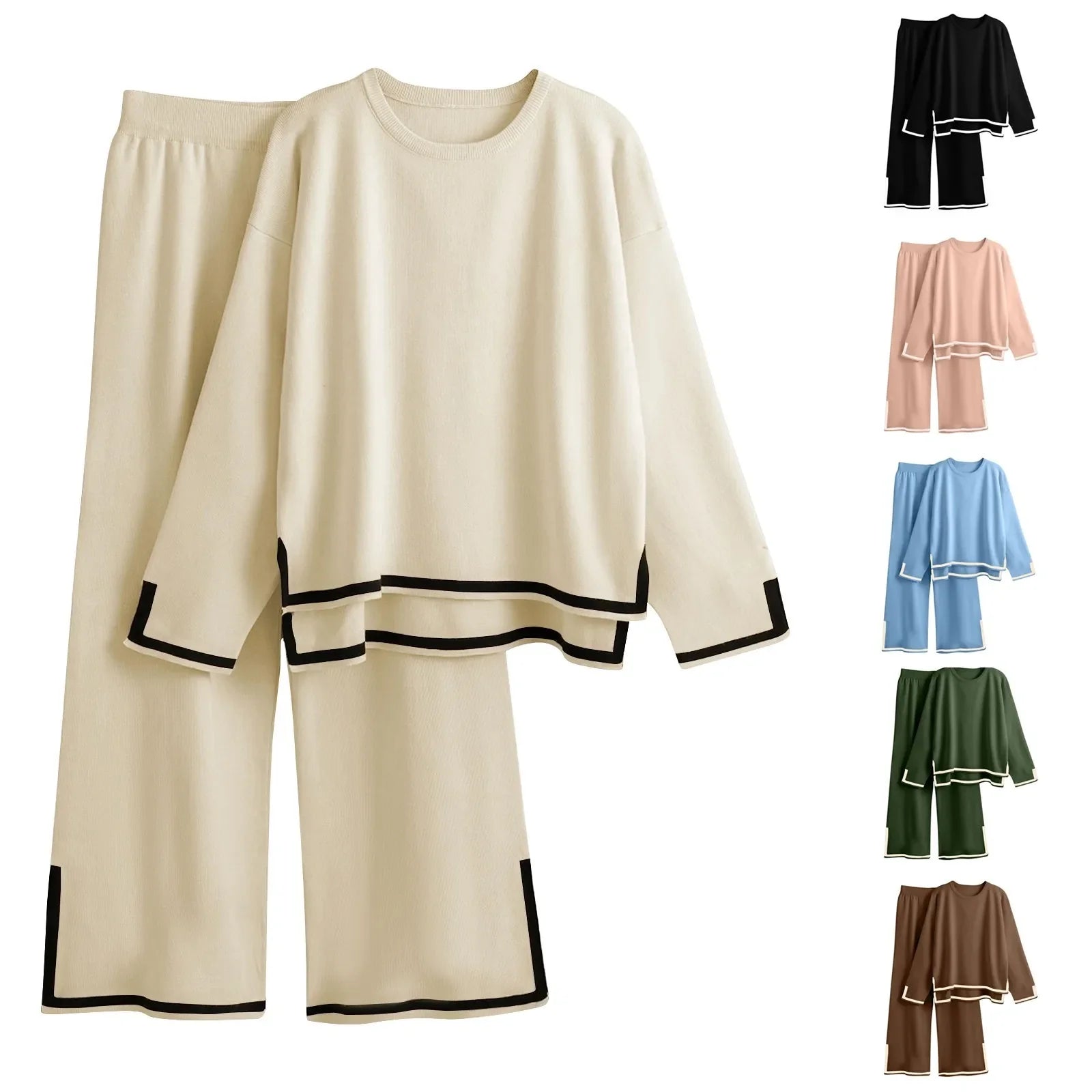 Knitted Women's Casual Two Piece Set with Long Sleeve Sweater and Wide Leg Pants for Comfortable Homewear