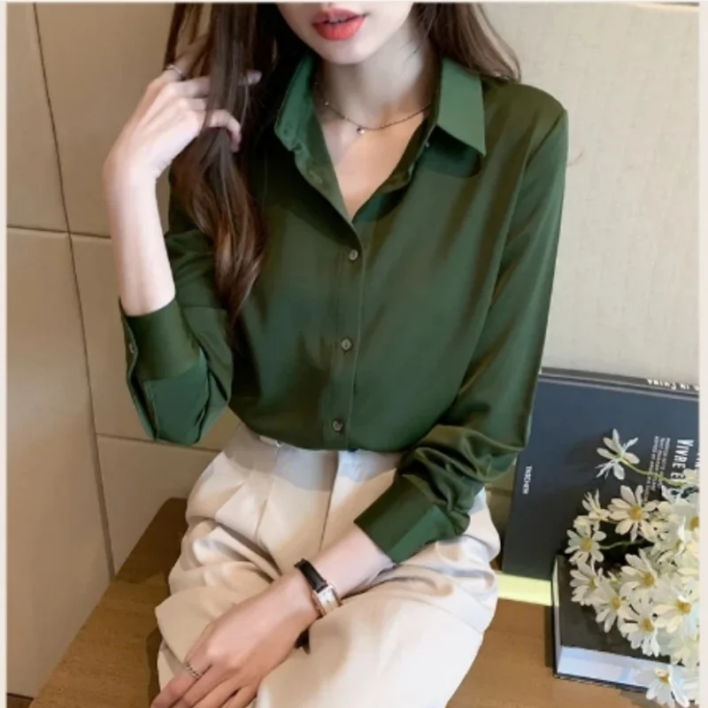 Elegant Satin Long Sleeve Blouse for Women Casual Office Shirt Solid White Basic Top