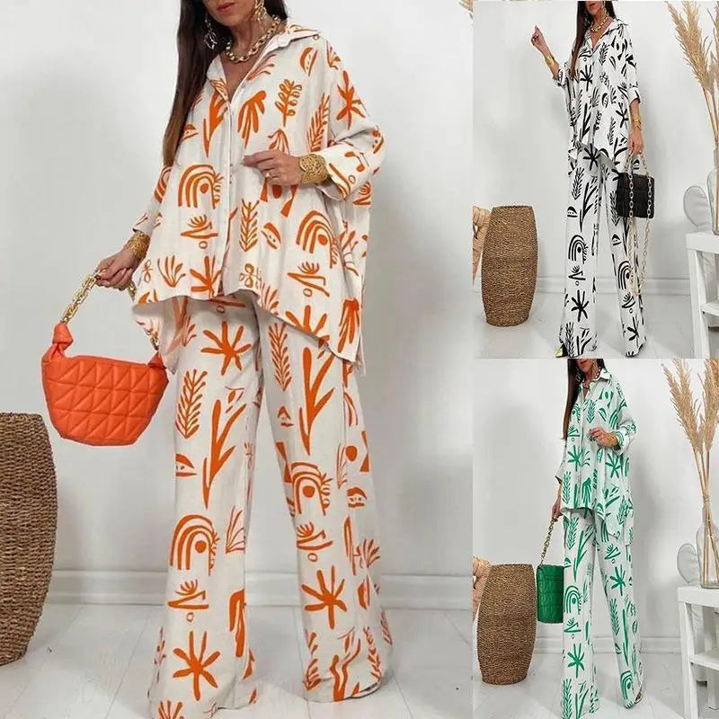 Summer Fashion Printed Women's Two Piece Set with Flip Collar Top and Wide Leg Pants