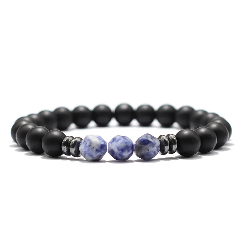 Fashion Men's Black Onyx And Natural Stone Beaded Bracelet With Tiger Eye And Sodalite