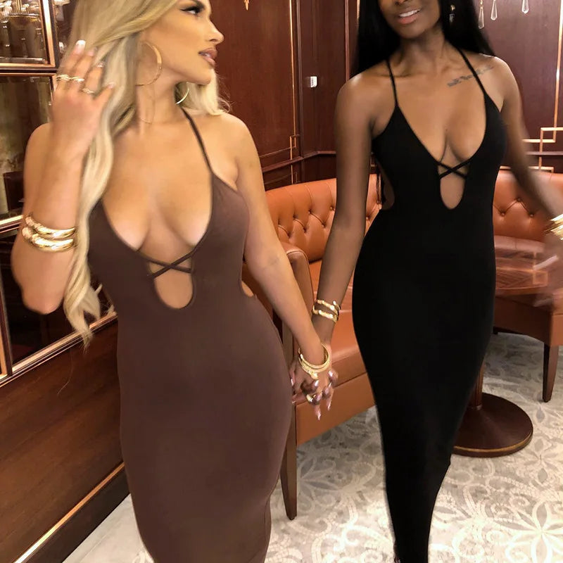 Summer Strappy Bodycon Dress For Women Solid Color