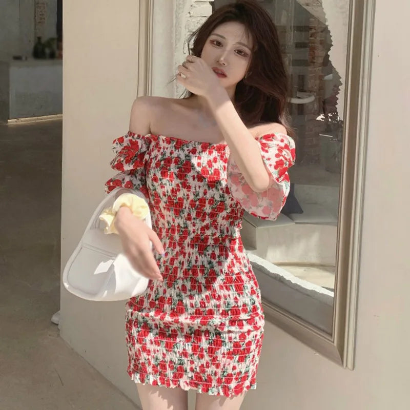 Womens Summer Floral Party Dress Square Neck Wrap Waist