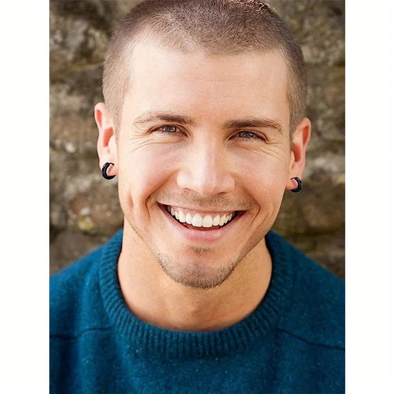 Stylish Men's Earring Set - 4 Pairs of Black Stainless Steel Studs and Hoops, Durable and Allergy-Free