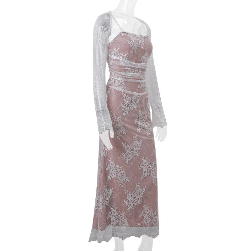 Lace Side Square Neck Dress for Elegant Evening Party