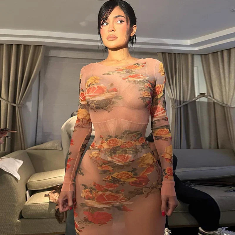 Sheer Mesh Floral Maxi Dress Long Sleeve Beachwear