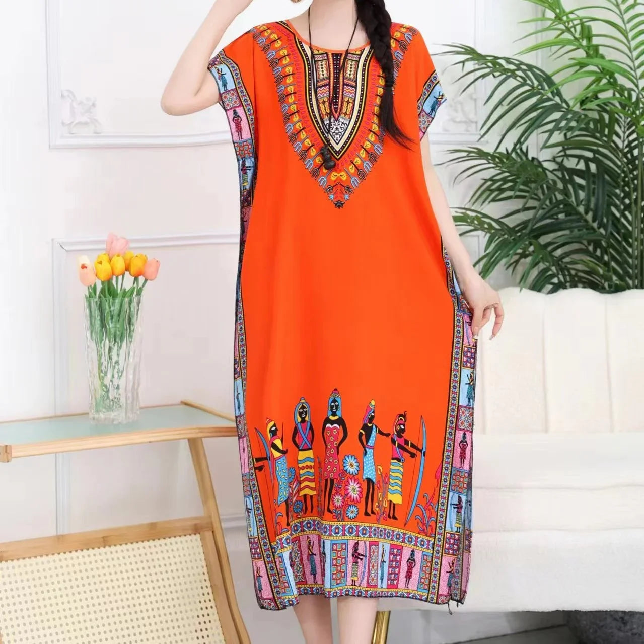 Bohemian Ethnic Print Midi Dress V Neck With Batwing Sleeves