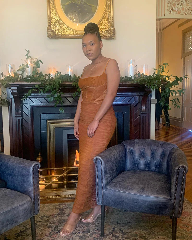 Corset Ruched Maxi Dress Women Spaghetti Strap Backless