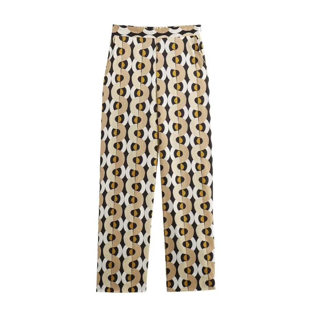 Casual Women's Fashion Geometric Printed Shirt with High Waist Straight Leg Pants Set for Sleek and Stylish Autumn Look