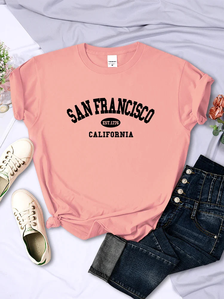 San Francisco California Letter Print Casual Women T-Shirt Short Sleeve Soft Breathable Tee