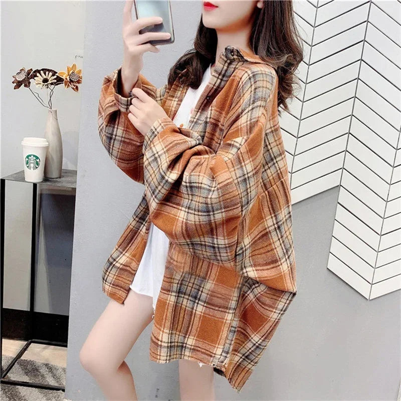 Women's Casual Blushed Flannel Shirt Long Sleeve Collared Button Down Plaid Blouse Fall Winter Vintage Top