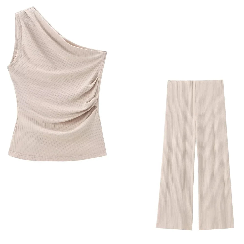 Women's Asymmetric Collar Sleeveless Slim Fit Top and Wide Leg Pants Set for Elegant Casual Style