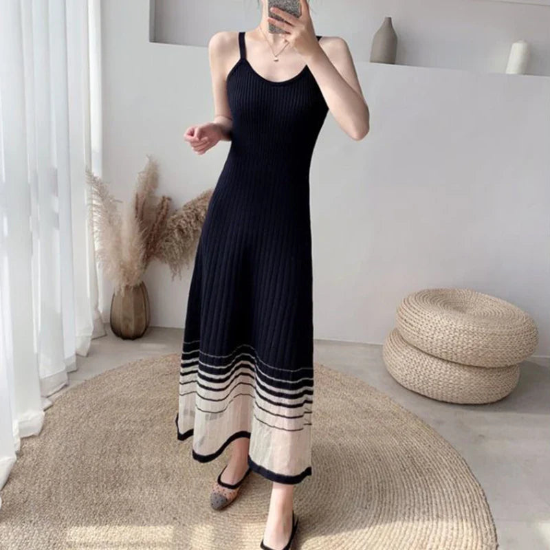 Striped Midi Dress Mesh Korean Patchwork Spaghetti Strap