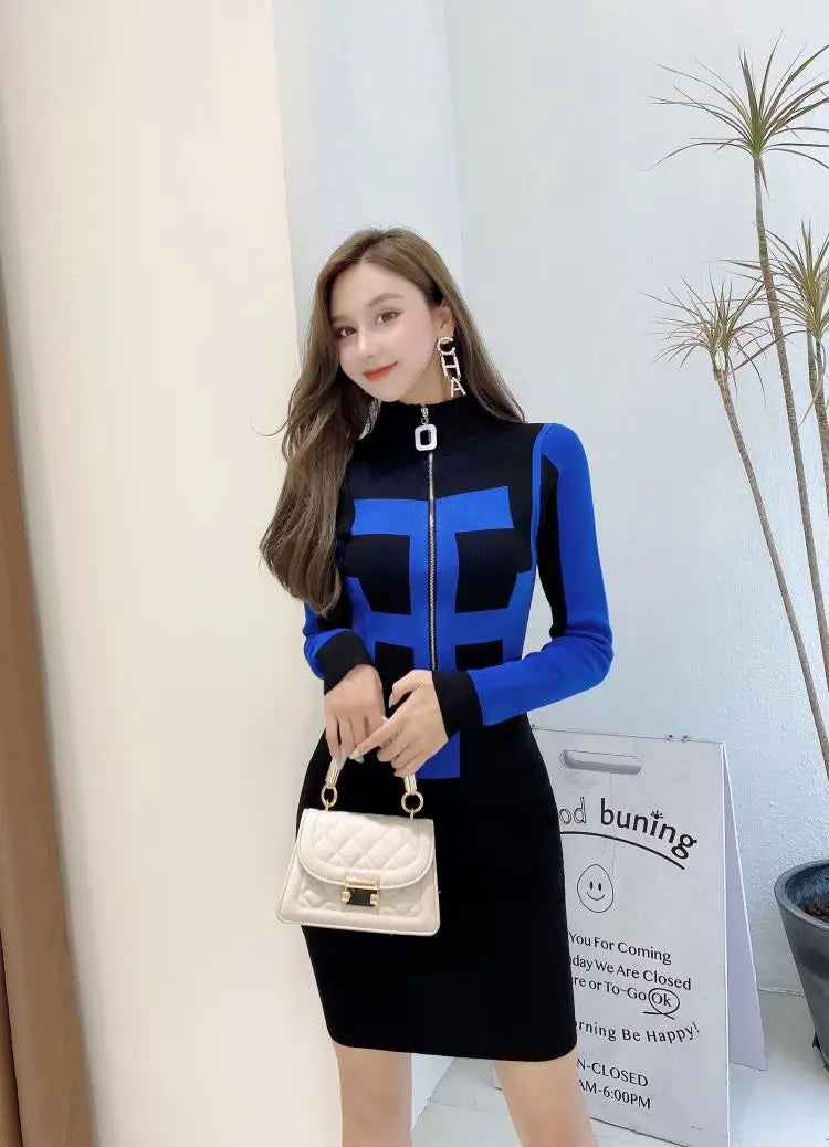 Winter Knit Bodycon Dress With Zipper Pattern Chic