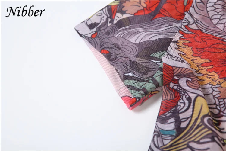 See Through Backless Dragon Print Jumpsuit for Women Short Sleeve Slim Stretch Fitness Workout Overalls Clubwear