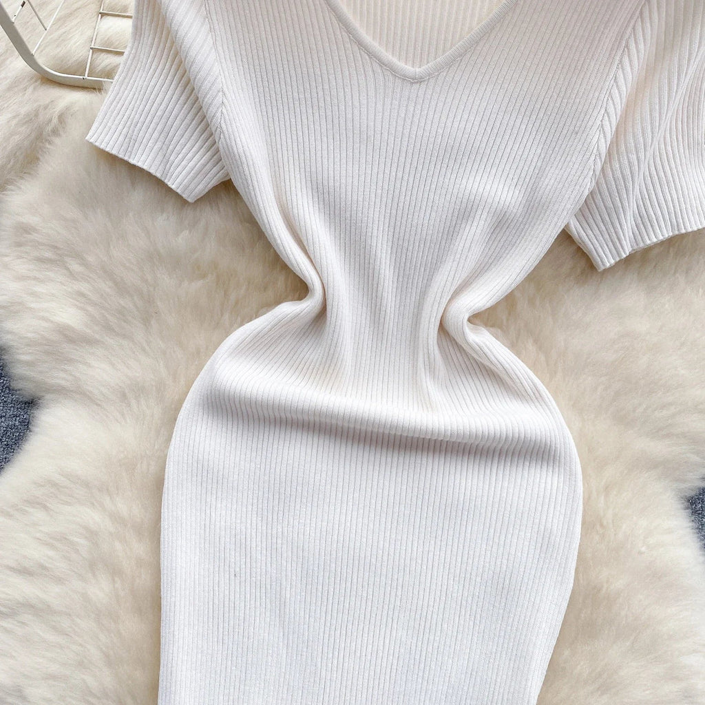 Summer Knit Bodycon Solid Dress for Women Short Sleeve Maxi