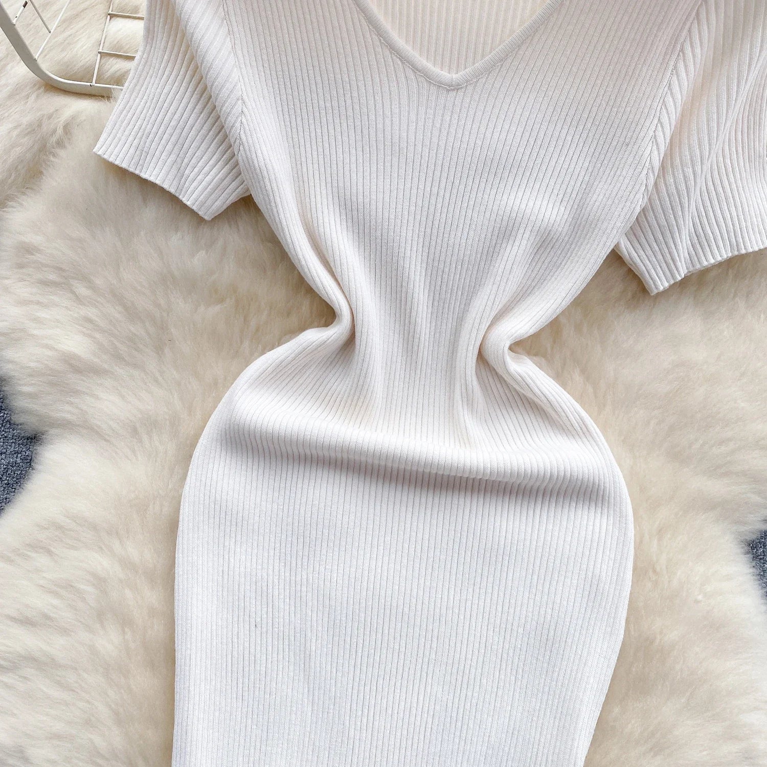 Summer Knit Bodycon Solid Dress for Women Short Sleeve Maxi