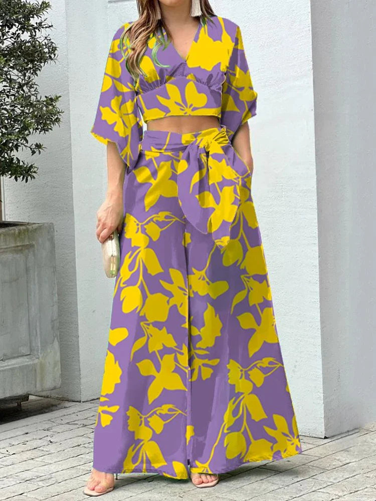 Casual Women's Two Piece Set Autumn V Neck Crop Top and High Waist Wide Leg Pants Outfit