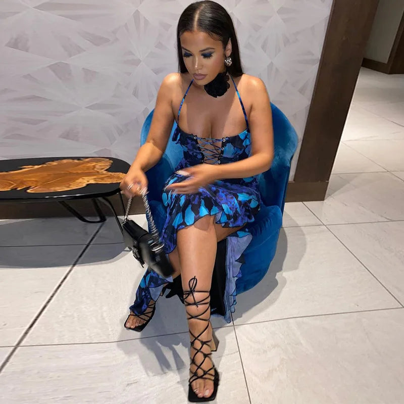 Tie Dye Midi Dress With Lace Up Side Slit Bodycon Ruffles