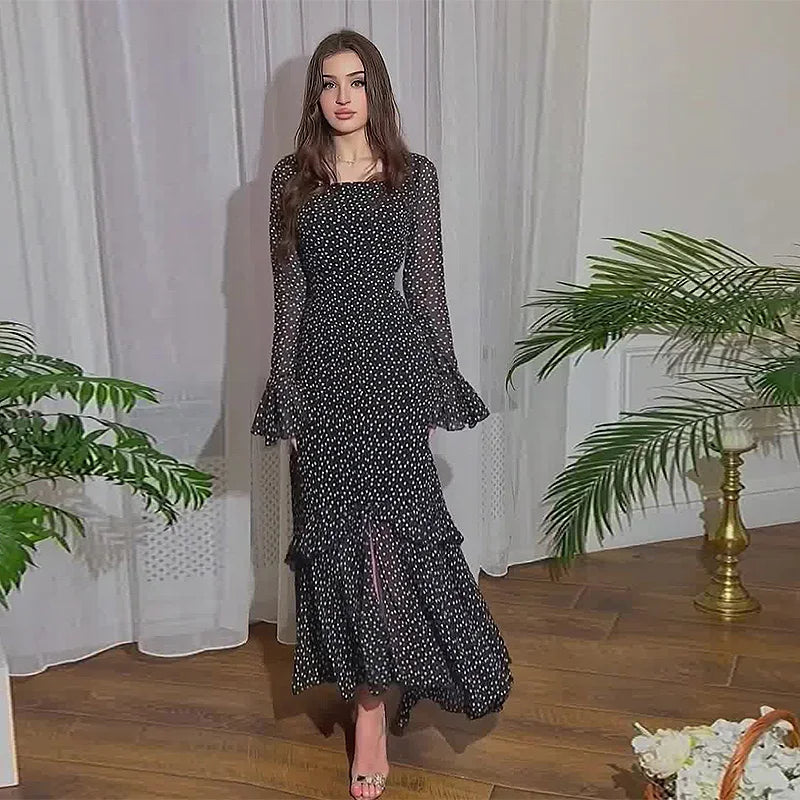 Polka Dot Chiffon Dress With Lotus Sleeve High Waist