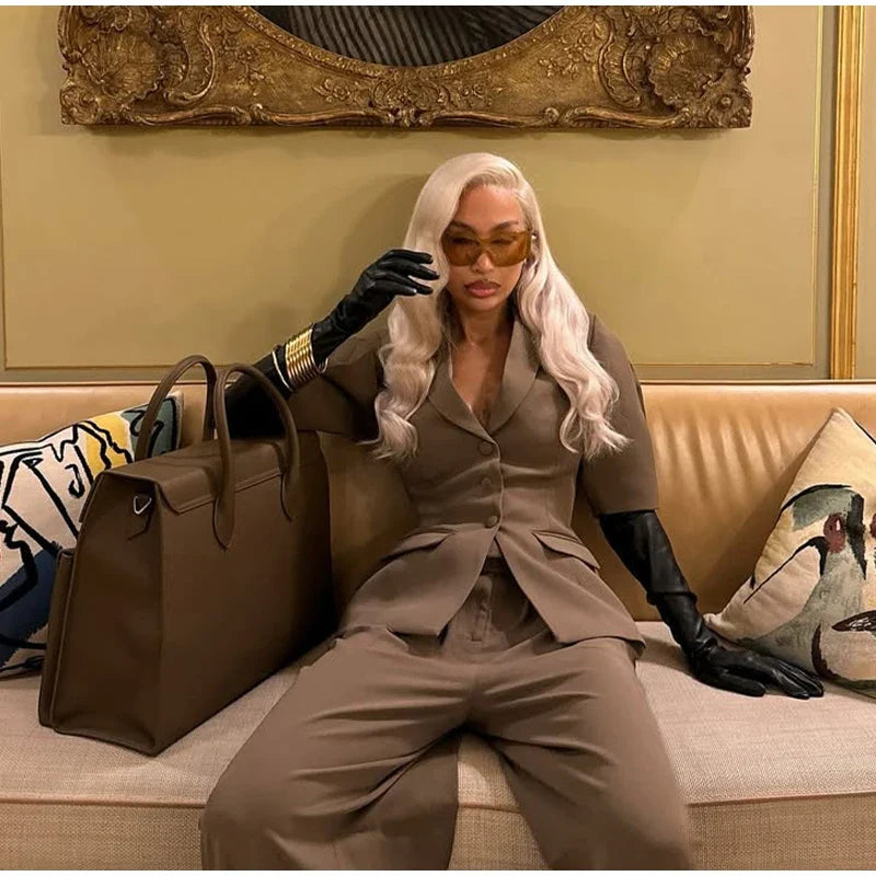 Casual Women Blazer Pants Suit with Slim Lapel Puff Sleeves and Wide Leg Trousers 2 Piece Outfit