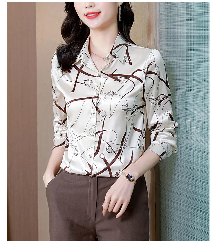 Elegant Satin Women Blouse Long Sleeve Button Up Shirt Vintage Office Lady Print Top