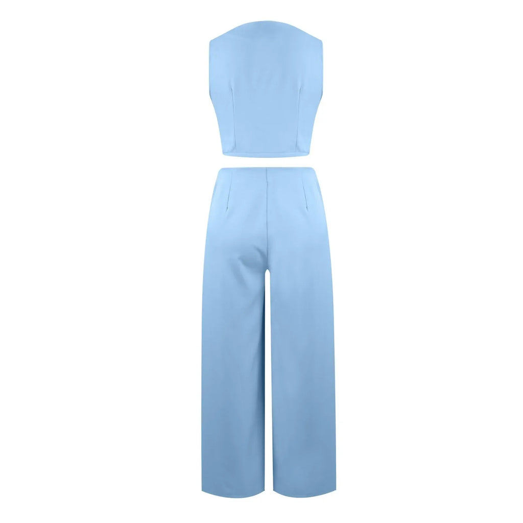 Sleeveless V-Neck Vest and Wide Leg Pants Suit for Women