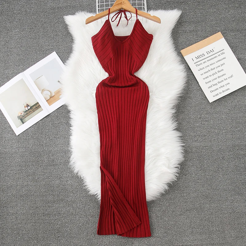 Ribbed Knit Bodycon Wrap Dress With Split Hem For Summer